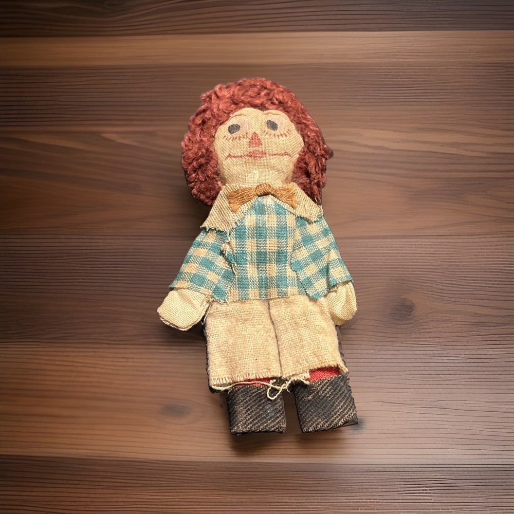 Vintage Raggedy Andy Folk Art Miniature 4" Cloth Doll Red Yarn Hair